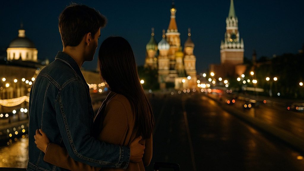 Влюбленные Молодой парень и девушка любуются ночной москвой